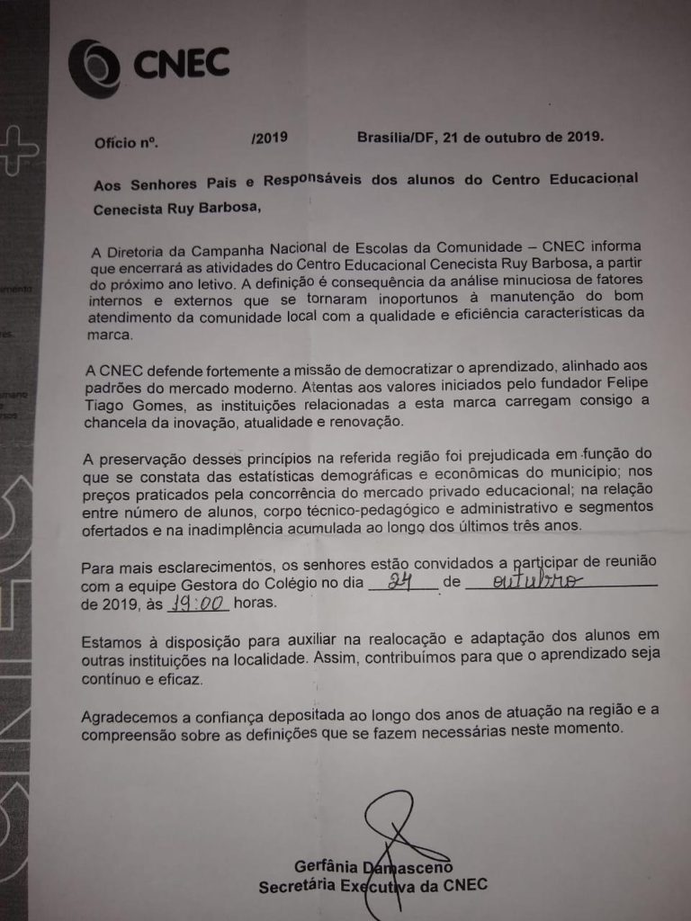 O documento é assinado pela secretária executiva da CENEC Gerfânia Damasceno 